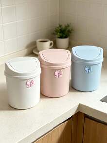 Cute Desktop Trash Can With Bow Decor,Mini Table Waste Bin,Portable Countertop Garbage Bucket,Flip Cover With Lid,For Bedroom,Dorm,Office,Makeup Desk,Countertop,Home Essentials,Unique Birthday Gift,Back-To-School Gift,Holidays Gift,Parties Gift - B - View 5
