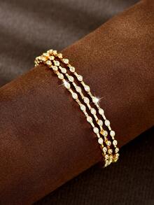 1pc Delicate Heavy-Duty Style Oval Bezel-Set Zirconia Layered Spliced Gold Thin Bracelet, Bridal Accessory, Holiday Gift, Party Wear - Gold - View 1