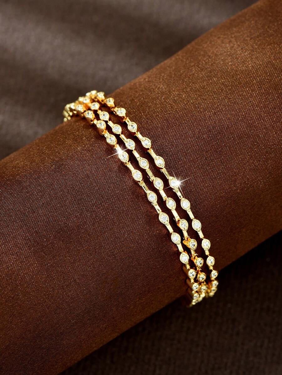 1pc Delicate Heavy-Duty Style Oval Bezel-Set Zirconia Layered Spliced Gold Thin Bracelet, Bridal Accessory, Holiday Gift, Party Wear - Gold - View 1