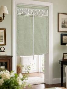 1pc Boho Style Linen Door Curtain With Lace Valance - Exquisite Floral Crocheted Lace Valance, Farmhouse Style Linen Room Divider Curtain For Bathroom Laundry Kitchen Bedroom Entrance - Green - View 9