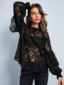 Vuslat Women's Autumn French Style Black Floral Hollow Lace Top, Suitable For Daily Wear, Halloween, Back To School, Party, Music Festival - Black - View 5