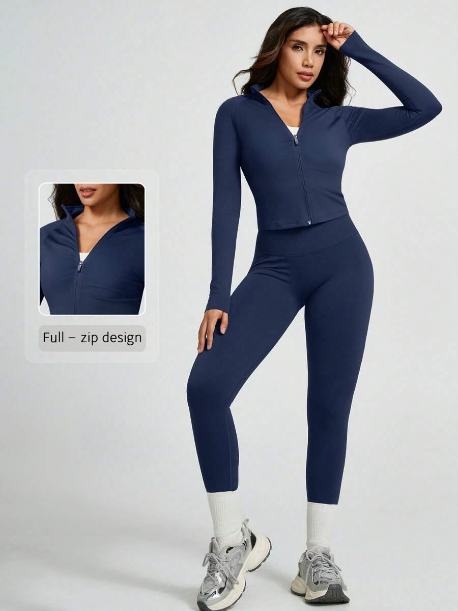 NcmRyu 1 Set Women Seamless Ribbed Zip Stand Collar Long Sleeve Top And High Waist Leggings Sports Suit - Navy Blue - View 1