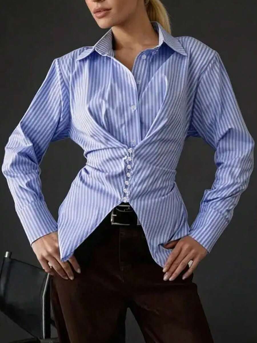 Women's Elegant Commute Chic Waist-Cinching Design Lapel Long Sleeve Striped Shirt (With Shoulder Pads) Front Button Asymmetrical/Asymmetrical Daily Date - Blue and White Stripes - View 1