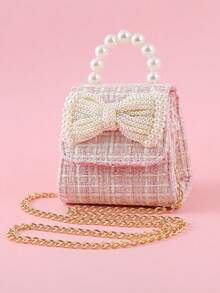 1 buah Tas Tangan Anak-anak dengan Hiasan Pita Mutiara, Bahan PU Motif Garis Warna Polos, Penutup Lipat, Tas Selempang Rantai Modis untuk Anak Perempuan, Cocok untuk Hadiah Liburan dan Kegiatan Sehari-hari - berwarna merah muda - View 1
