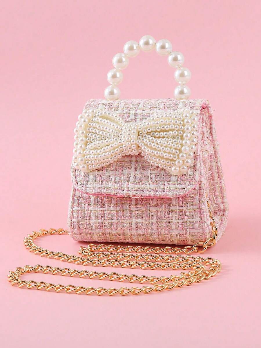 1 buah Tas Tangan Anak-anak dengan Hiasan Pita Mutiara, Bahan PU Motif Garis Warna Polos, Penutup Lipat, Tas Selempang Rantai Modis untuk Anak Perempuan, Cocok untuk Hadiah Liburan dan Kegiatan Sehari-hari - berwarna merah muda - View 1