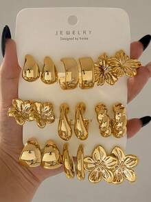 6-18pcs/Set Women's Gold Earrings Set, Flower, Water Drop, Twisted Design, Suitable For Daily Wear, Gift For Friends - Yellow Gold - View 4