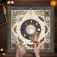 1pc Moon Phase Moth Tarot Cloth, Vintage Constellation Floral Altar Tablecloth, Witchy Botanical Divination Mat, Mystical Astrological Spiritual Home Decor Tapestry - Black - View 1