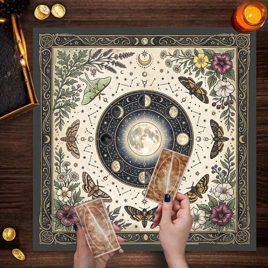 1pc Moon Phase Moth Tarot Cloth, Vintage Constellation Floral Altar Tablecloth, Witchy Botanical Divination Mat, Mystical Astrological Spiritual Home Decor Tapestry - Black - View 1