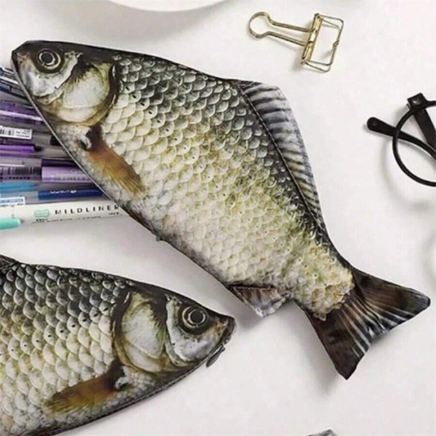 1pc Creative Realistic Carp Zipper Pencil Case, Pencil Box, Makeup Bag, Fun Student Stationery Box, Large Capacity Novelty Stationery Bag, Party Gag Accessory, Suitable For Student Campus Daily Use, Desk Storage, Learning Supplies, Pencil Pouch, Back To School Season Gift - Black - View 1
