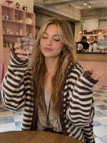 Women's Casual Striped Hooded Mid-Length Knit Cardigan Sweater, Autumn/Winter - Coffee Brown - View 5