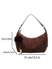 low tea 1pc Minimalist Crescent-Shaped Suede Fabric Shoulder Bag, Suitable For Commuting, Shopping, Etc. (With Pendant) - Coffee - View 3