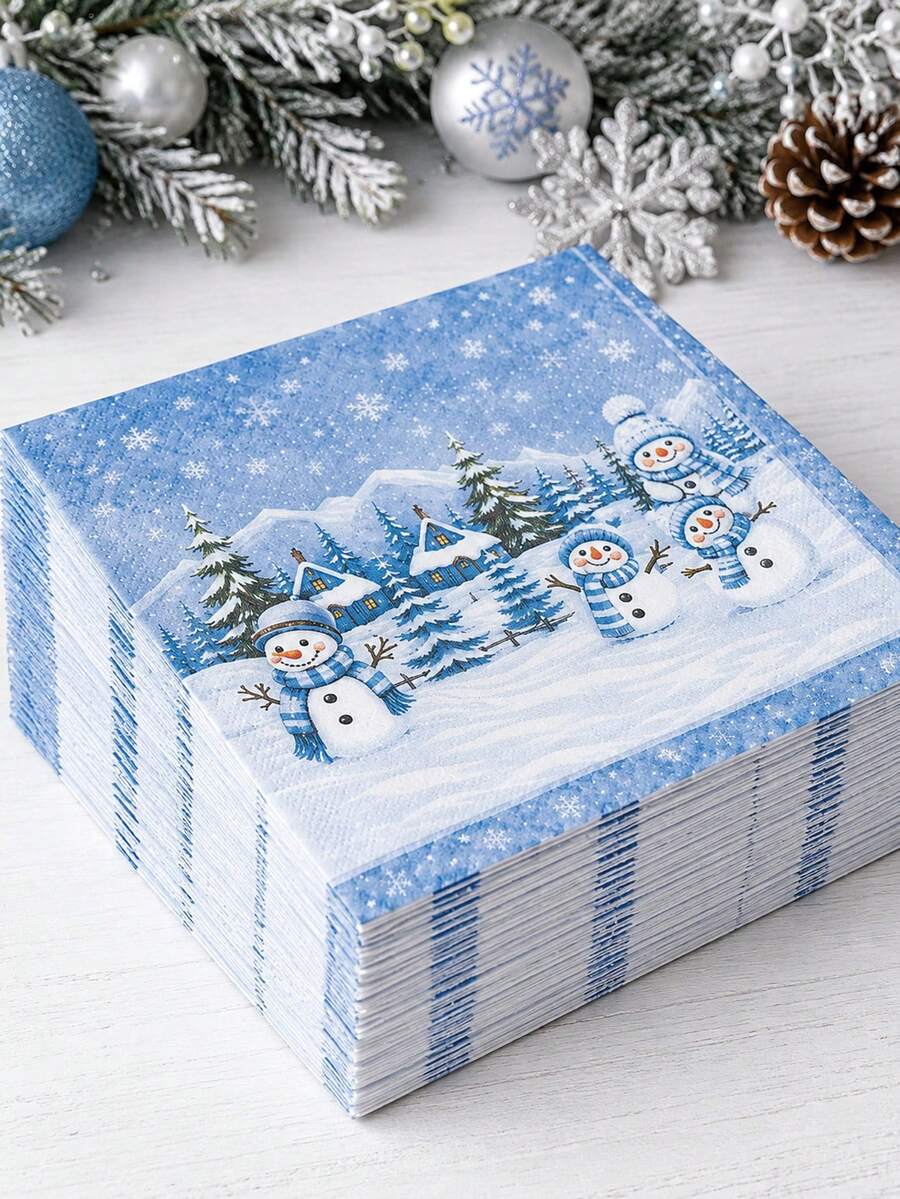 60/20入藍色聖誕雪人紙餐巾, 聖誕餐巾, 聖誕派對雞尾酒餐巾, 聖誕裝飾, 聖誕禮物, 聖誕派對餐桌佈置, 冬季假期生日平安夜餐具, 家居裝飾, 聖誕派對用品, 聖誕派對裝飾, 聖誕裝飾, 聖誕裝飾, 2026聖誕裝飾