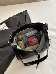 Women's Large Capacity Shoulder Bag, Woven Pattern Commuter Versatile Tote Bag With Decorative Charm - Black - View 9