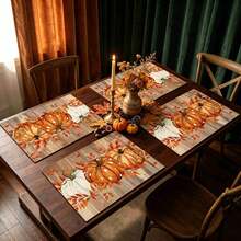 1/4/6pcs Autumn Series Wooden Pumpkin Pattern Printed Placemats, Heat Resistant Table Mats For Home Kitchen/Dining Table Protection, Party Scene Decor - Multicolor - View 3
