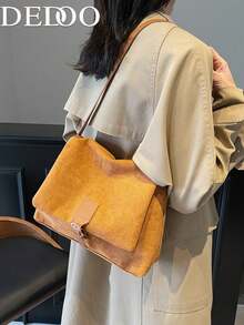 Dedoo 女款翻蓋斜挎信使包，扣飾裝飾，大容量，復古極簡風，適合秋冬通勤與約會，適合年輕女性 - 棕色 - 查看 4