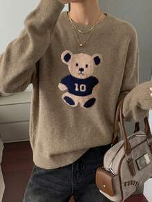 Women's New Round Neck Long Sleeve Sweater, Cute Bear Print, Fashion Casual Knit Style, Suitable For Daily Commute - Earth Gray - View 7