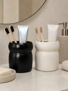 1pc Slim Toothbrush Holder, Minimalist Gourd-Shaped Toothpaste Rack, Modern Black & Beige Spotted Bathroom Storage Cup, Suitable For Vanity Countertop Bathroom Decor - Multicolor - View 6