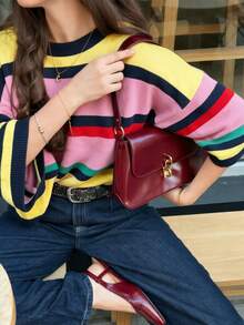 Women's New Autumn Colorblock Striped Knit Top, Casual Daily Commute, Preppy Style - Yellow and Pink - View 7