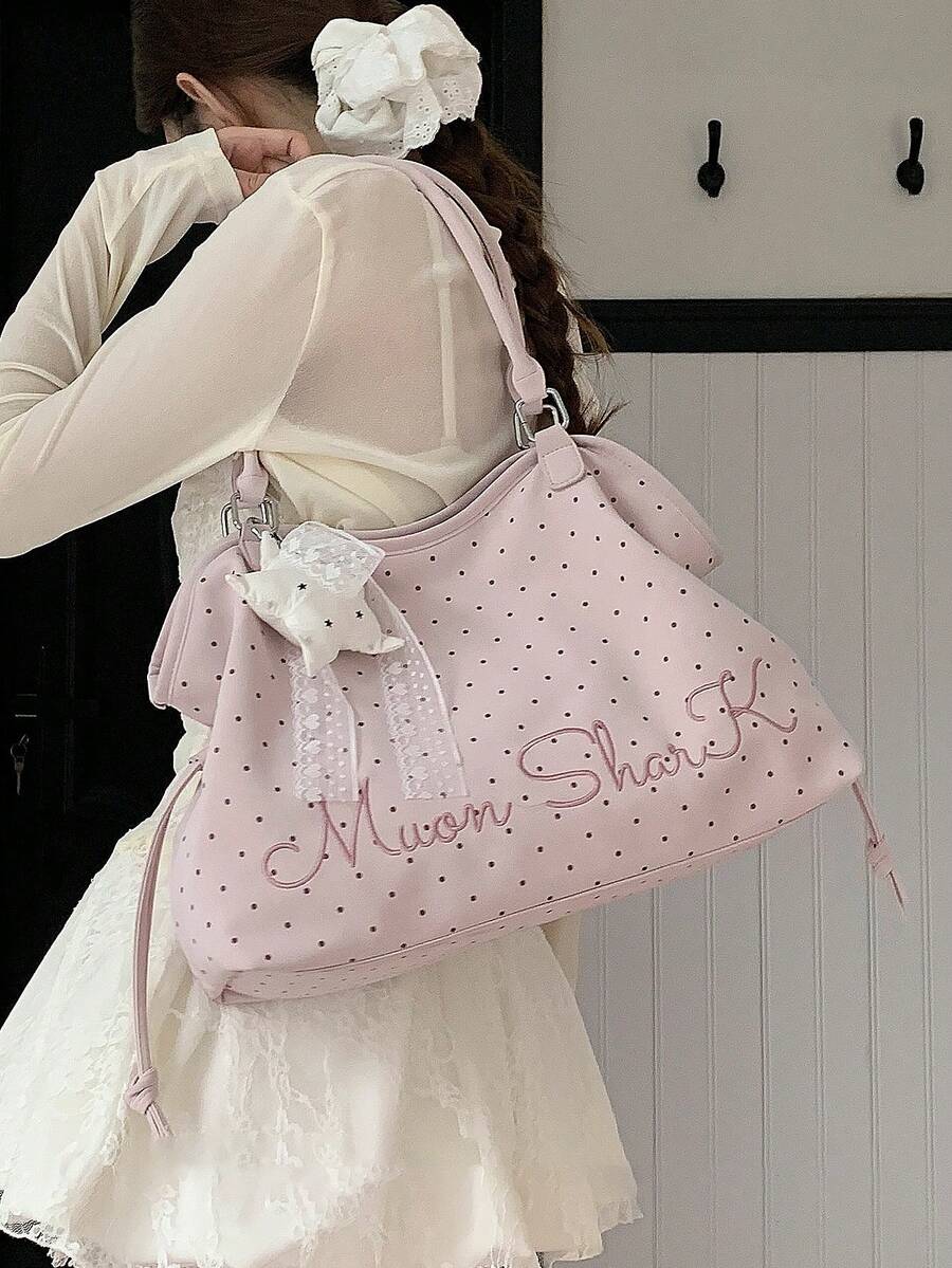 Embroidered Polka Dot Tote Bag, Y2K Sweet Cool Style Shoulder Bag, Large Capacity Commuter Bag, No Pendant, No Pendant - Pink - View 1