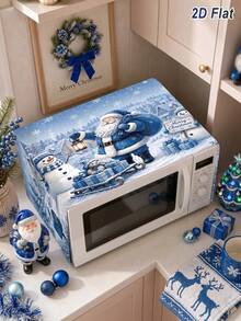 1件裝聖誕藍色微波爐防塵罩，聖誕老人、雪人、聖誕樹與雪景圖案，Merry Christmas 85*35cm 聚酯纖維微波爐/烤箱/爐灶罩，廚房家電防塵保護罩，聖誕裝飾，聖誕裝飾，廚房裝飾，節日餐桌裝飾，冬季家居裝飾 - 聖誕L款 - 查看 3