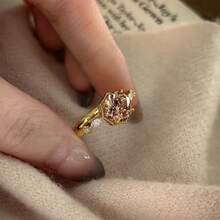 Light Luxury High-End Geometric Polygon Champagne Zirconia 18K Gold Plated Versatile Open Ring For Women - Champagne - View 3