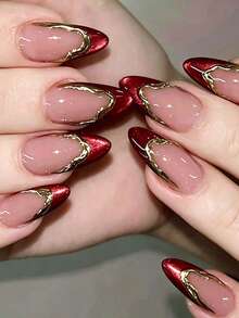24PCS Medium Almond Handmade Press On Nails Nude Base Red Metallic Tips 3D Gold Liquid Metal Outline Glossy Luxury False Nails Nail Kit With Jelly Tabs - Red - View 7