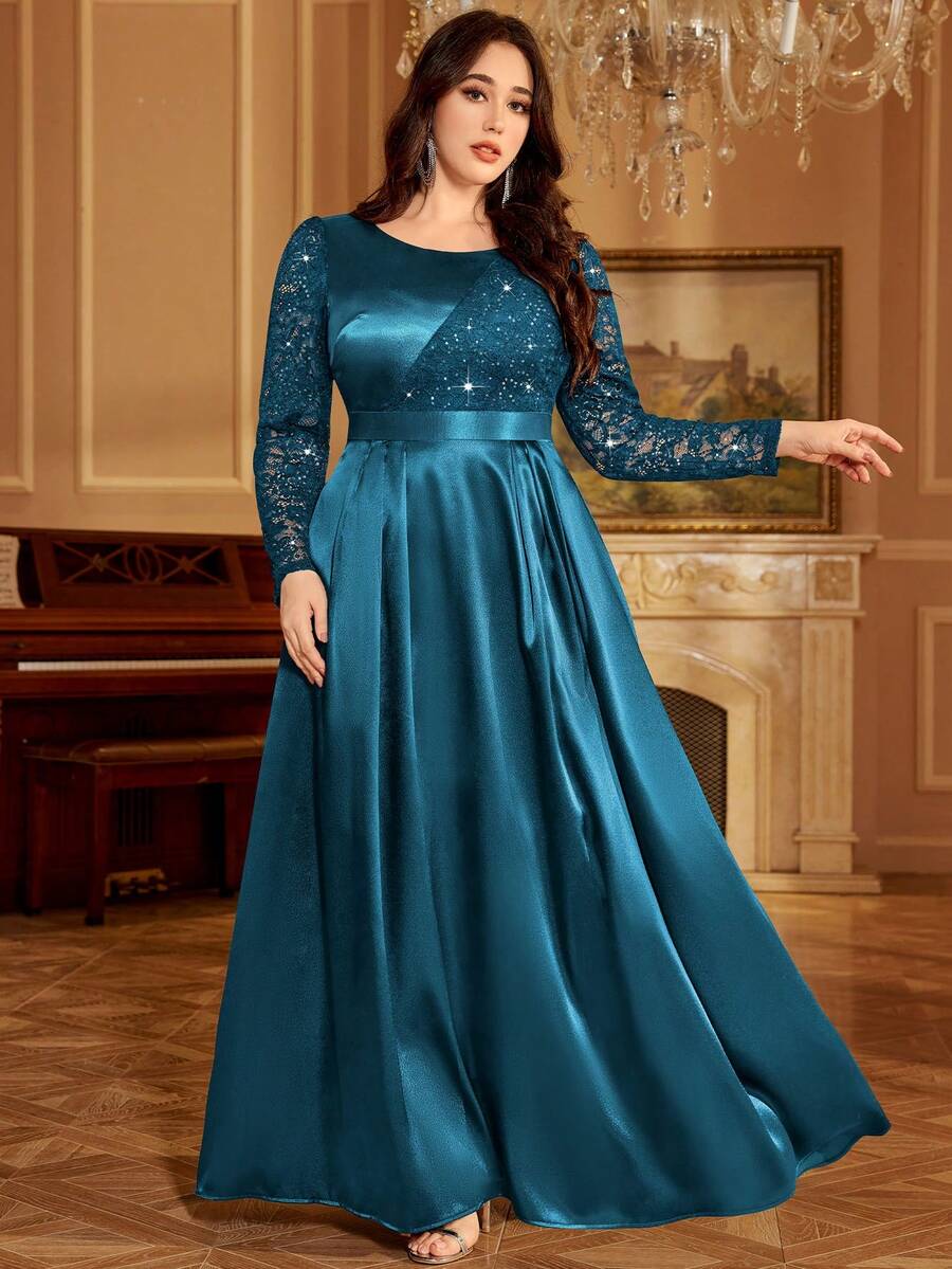 Sequin Lace Colorblock Satin Ruffle Hem Elegant Ball Gown, Formal Dress For Prom, Valentine's Day, Wedding Guest, Birthday, Homecoming, Formal Occasion, Holiday - Dusty Blue - View 1