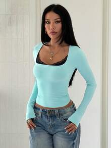 Women's Contrast Lace Long Sleeve Casual Top - Mint Blue - View 4