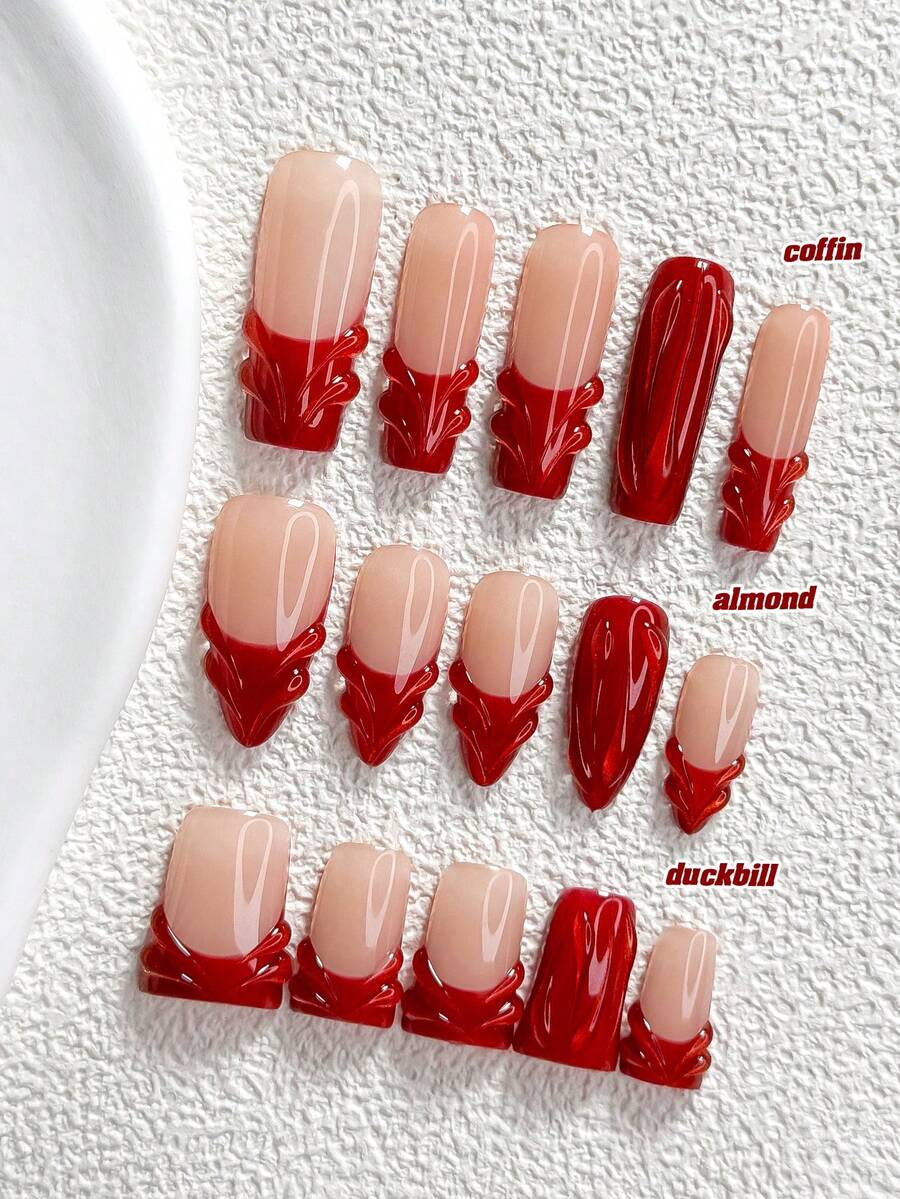 10片手工鮮豔穿戴式美甲片,Polygel美甲套組,極簡法式淚滴風,紅色指甲油,吸睛設計,含美甲工具,3種尺寸可選,杏仁/鴨嘴/棺材形,適合派對、跳舞、日常配戴 - 彩色 - 查看 1