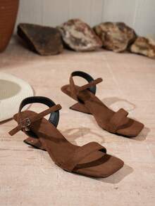 Spring/Summer New Women's Square Toe High Heel Mesh Decor Sandals For Beach Party - Brown - View 5