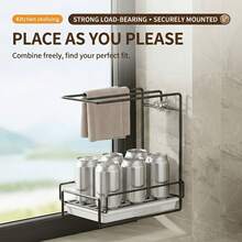 1 Set Black Wall-Mounted Countertop Dual-Use Kitchen Cloth Rack, Sink Drip Tray, Cloth/Towel Storage Organizer With Drip Tray, Home Storage Organization Accessory - Black - View 7