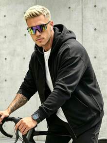 Men's Casual Black Cargo Zip-Up Hoodie With Drawstring Hood And Kangaroo Pocket, Soft Fabric - Black - View 2