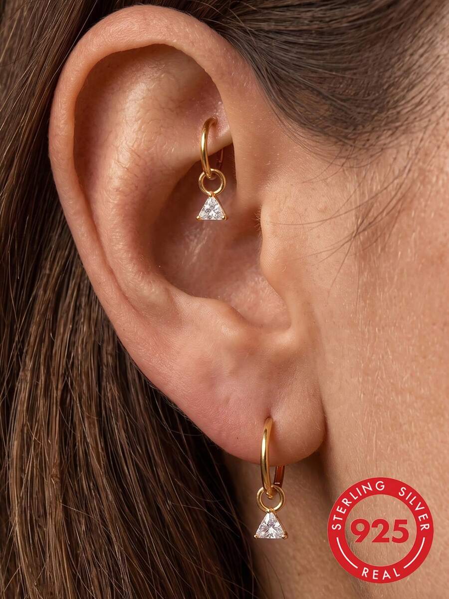 1Pc 925 Sterling Silver Triangle Cut Zirconia Prong‑Set Charm Removable Dangle Pendant For Hoop Earrings Ideal For Casual Party And Holiday Occasions - Gold - View 1