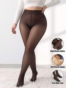 Plus Size Women's Faux Translucent Fleece Lined High Waist Warm Tights, Suitable For Winter - Black - View 4