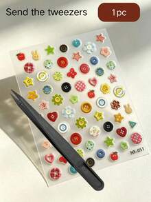 1pc Gentle & Sweet Printed Decorative Sticker + Free Tweezers, Multiple Styles Available, Macaron Pastel Color Palette, Collection Of Buttons, Floral, Plaid, Bows, Cherries And Other Diverse Elements, Thin And Smooth Texture, Waterproof And Moisture-Resistant, Soft Adhesive Backing With No Residue, Exquisite And Rich Patterns, Can Decorate Notebooks, Speakers, Lighters, Aromatherapy And Other Personal Items, Create A Gentle And Unique Appearance - Button Series - View 7