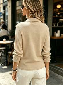 Fashion Women's Solid Color V-Neck Button Long Sleeve Blouse, Regular Fit, Suitable For Daily Wear - Khaki - View 5