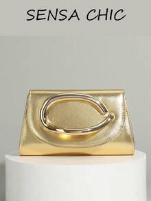 Small Square Metal Ring Handle Handbag With Contrast Stitching Edging, Flap Design, Metallic Glossy Finish, Magnetic Closure, Luxury Evening Style Clutch Bag For Women, Suitable For Banquet, Party, Wedding, Date, Evening Dress Matching, Gold Exquisite Handheld Small Square Bag - Champagne - View 4