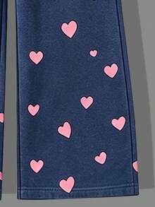 Tween Girl Casual Bowknot Minimalist Print Crew Neck Sweatshirt & Heart All-Over Print Loose Wide Leg Pants 2-Piece Set, Suitable For Spring/Autumn, School, Shopping And Sports - Baby Blue - View 9