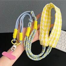 1pc Niche Design Dopamine Colorblock Cotton Fabric Multifunctional 3-In-1 Camera Strap Long Phone Lanyard Phone Chain - Multicolor - View 4