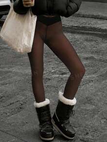 Nuevas mallas de mujer de 220g con cintura alta y alta elasticidad, moldeadoras y cálidas, leggings sexys de efecto transparente y adelgazantes, cálidas y cómodas para el invierno - Marrón Chocolate - Ver 5