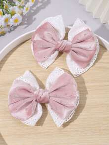 2pcs Pink Lace Bow Hair Clips, Shiny Rhinestone Satin Bow Hair Clips, Sweet Pastoral Style Hair Accessories For Girls And Teenagers, Daily, Vacation, Party Wear, Gift - Pink - View 4