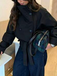 Women's Black Woven Lapel Trench Coat, Loose Drop Shoulder, Double-Breasted Design, Regular Length For Autumn/Winter - Black - View 1