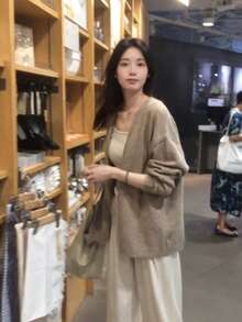 韓国風 レディース ニットカーディガン ベージュ 長袖 ゆったりシルエット 羽織り 体型カバー カジュアル 秋冬 通勤 お出かけ - カーキ - チェックする 5