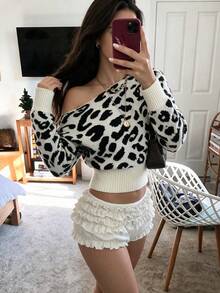 Elestia Women's Chic Elegant Leopard Print Off-Shoulder Pullover, Casual Y2k School Streetwear Outing Vacation Music Festival Sweater, Fall Winter - Multicolor - View 1