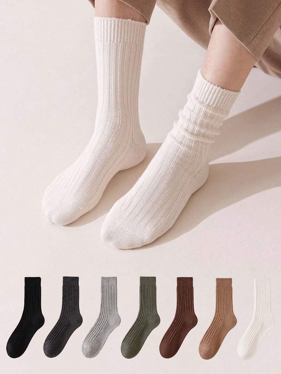 3/6 Pairs Men's Solid Color Vertical Striped Mid-Calf Socks, Simple Versatile Casual Mid-Calf Socks - Multicolor - View 1