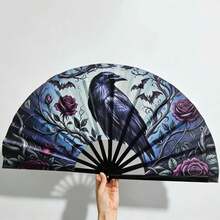 Dark Vintage Crow & Red Rose Kung Fu Folding Fan, Halloween Photography Backdrop Accessory, Niche Gothic Style - Multicolor - View 7