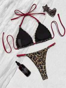 Conjunto de bikini con estampado de leopardo y decoración con anillo con forma de corazón. Presenta diseño de copa triangular, tirantes de espagueti, dulce y con estilo. Vacaciones en la playa de verano - Multicolor - Ver 5