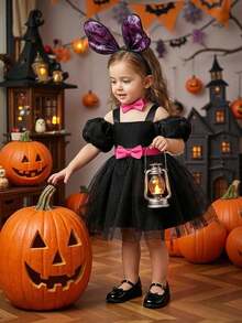Baby Girls Big Bow Design Black Organza Cute Halloween Party Princess Dress Suitable For Ball, Does Not Include Headband And Handbag - Multicolor - View 3