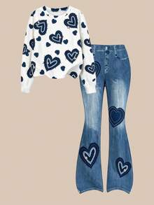 Girls Big Kids Spring/Autumn Heart Print 2 Pieces Set, Round Neck Long Sleeve Top & Denim Effect Flare Pants, Casual Outfit - Blue - View 4