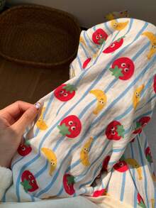 Women's Long Pajama Pants, Elastic Waist, Vertical Striped Tomato & Banana Cartoon Print, Loose Straight Leg Lounge Pants - Multicolor - View 7